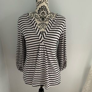 Blue from Sam’s 5th Avenue Black White Striped V Neck Shirt Elastic Sleeve Small